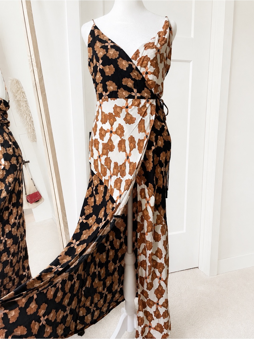 MINKPINK Nour Cami Wrap Midi Dress Black Cream Floral